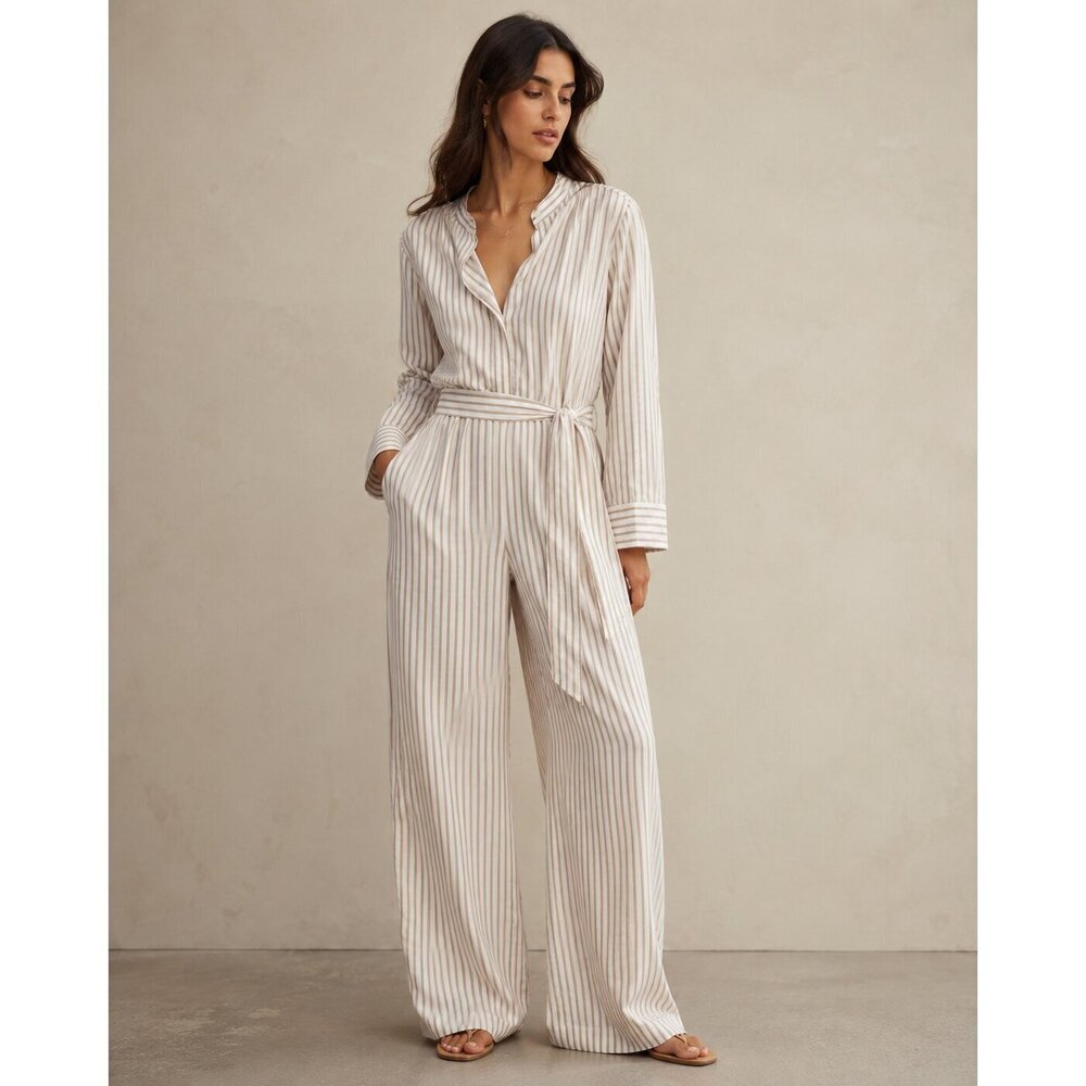 Club Monaco Long Sleeve Pant Jumpsuit Sz 2 Khaki Stripe NWT